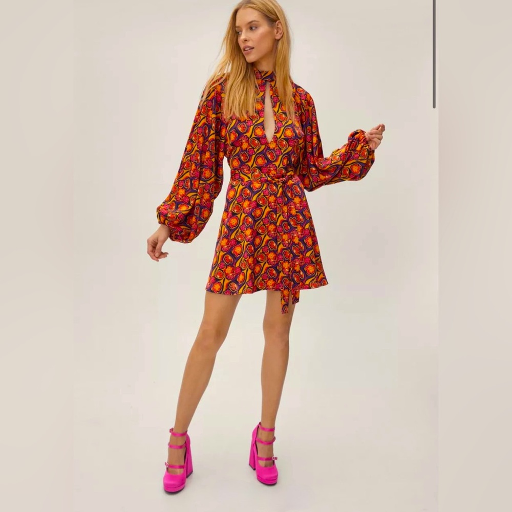 Nasty Gal Retro Floral High Neck Skater Mini Dress Size 6